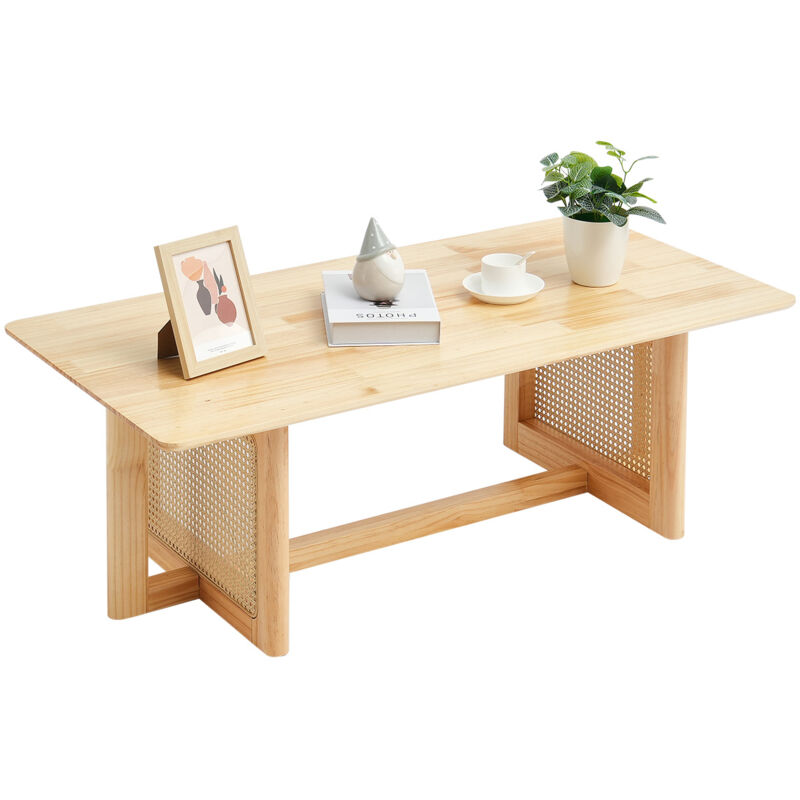 Rattan-Couchtisch, rechteckiger Couchtisch aus geflochtenem Rattanholz mit Tischplatte aus Gummibaumholz, 47 Zoll großer moderner Boho-Couchtisch mit