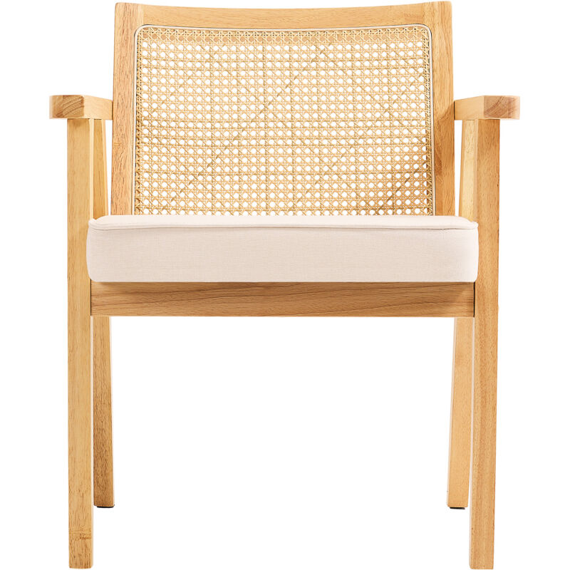 Rattanstuhl, Mid Century Modern Esszimmerstuhl mit Armlehne, Polsterstuhl mit Rattanrückenlehne, für Wohnzimmer, Schlafzimmer etc., Beige - Mophorn