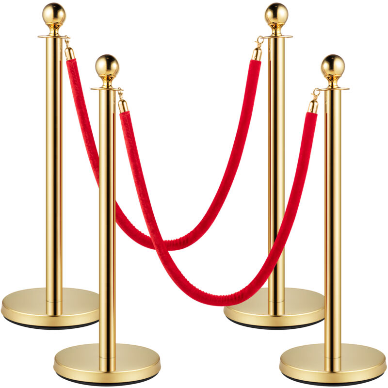 Mophorn - Samtseile und Pfosten-Set, 5 ft/1,5 m rotes Seil, Edelstahl-Gold-Pfosten mit Kugelkopf, Rote Absperrbare Barriere für Theater, Partys,