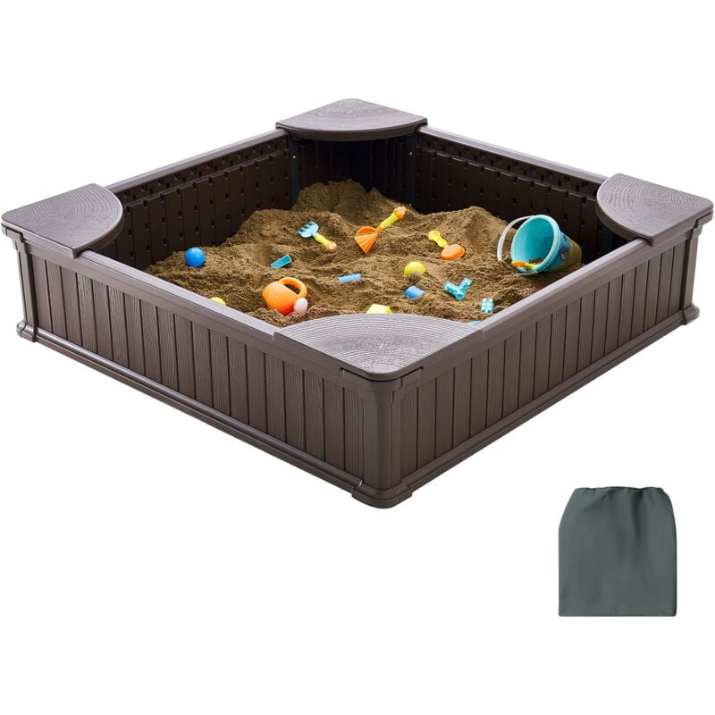 Mophorn - Sandkasten mit Abdeckung, 48,6 x 48,6 x 12,4 Zoll quadratischer Sandkasten, HDPE-Sandkasten mit 4 Ecksitzen und Bodenauskleidung für