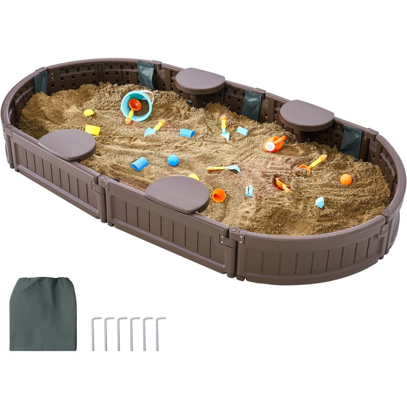 Mophorn - Sandkasten mit Abdeckung, 72 x 41,5 x 9,1 Zoll ovaler Sandkasten, HDPE-Sandkasten mit 4 Ecksitzen und Bodenauskleidung für draußen,