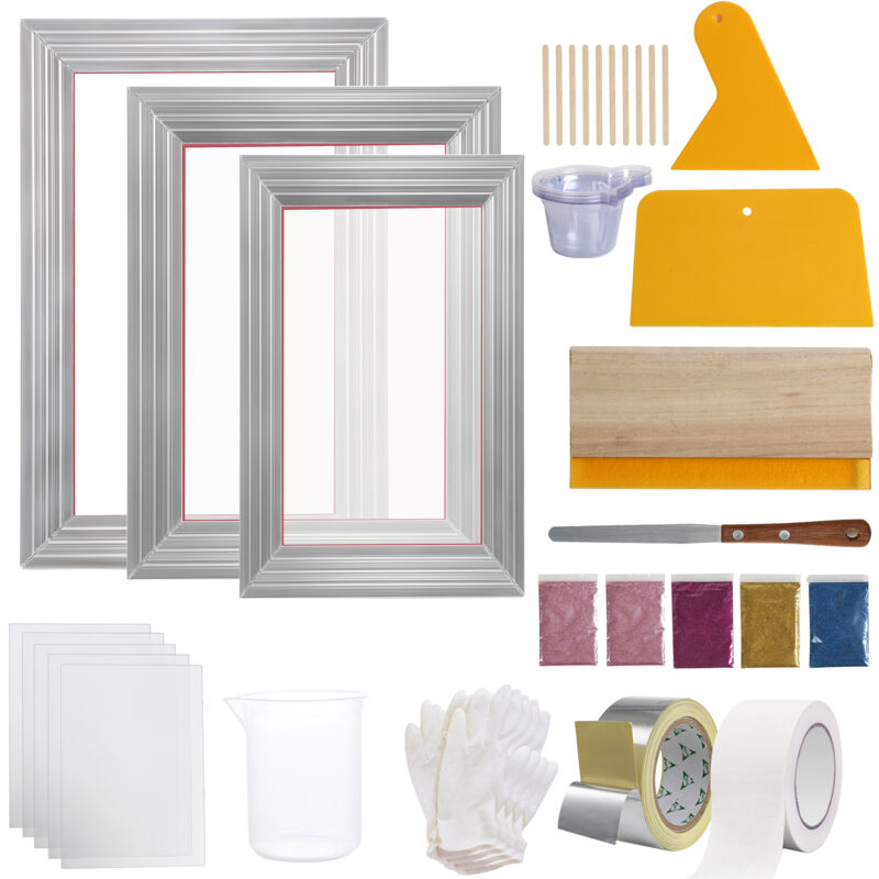 Mophorn - Siebdruckset, 3 Aluminium-Siebdruckrahmen 6 x 10 Zoll, 8 x 12 Zoll, 10 x 14 Zoll, 110 Maschenzahl, inkl. 5 Glitzer, Siebdruckrakel und