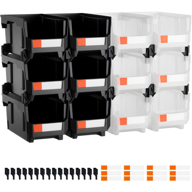 Mophorn Stapelboxen, 377 x 215 x 180 mm (12er-Pack), Lagerboxen zur Organisation und Aufbewahrung von Kleinteilen, Bürobedarf und Zubehör, schwarz