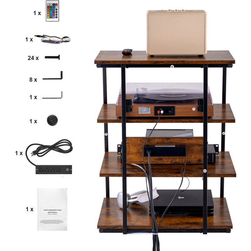 Mophorn - 4-stufiger AV-Medienständer mit Steckdosenleisten, Eck-TV-Ständer mit LED-Leuchten, höhenverstellbare Holzregale für DVD-Player,