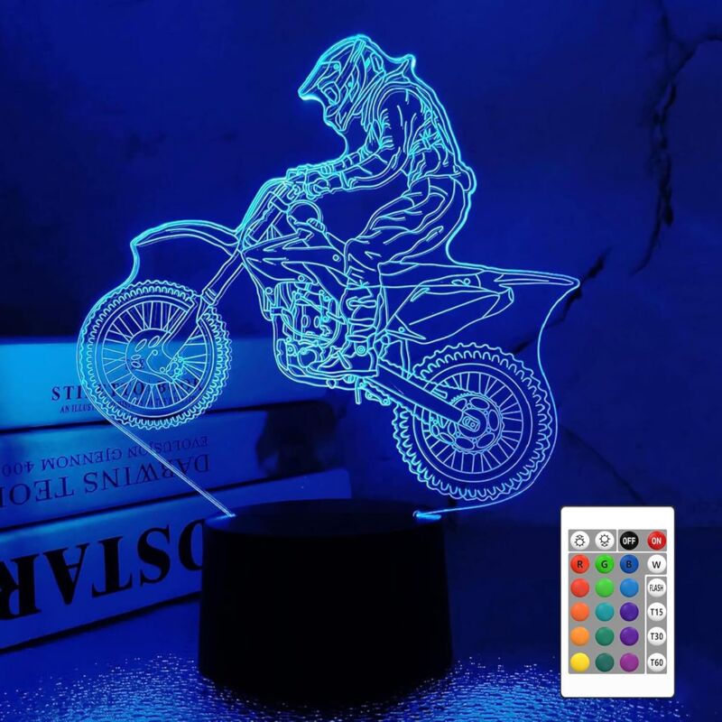 Motocross 3D-Illusions-Nachtlicht, LED-Tischlampe, Touch- und Fernbedienung, 16 Farben, Weihnachts- oder Geburtstagsgeschenk für Jungen, Kinder,