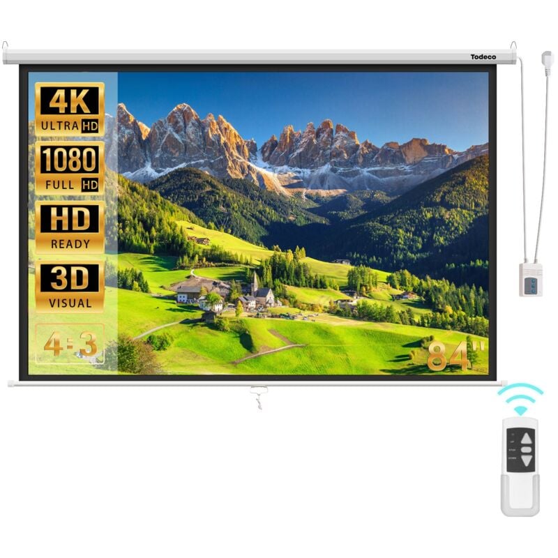Motor Beamer Leinwand Elektrisch, Hängeleinwand 84 Zoll 128 x 170 cm, Format 4:3, Heimkino mit 4K Full hd 3D, Rolloleinwand für Heimkino und