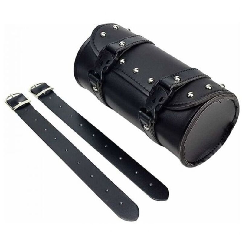 Motorrad-Werkzeugtasche aus PU-Leder, runde Motorrad-Werkzeugtasche mit 2 Befestigungsgurten, passend für die meisten Motorräder und Geländefahrzeuge