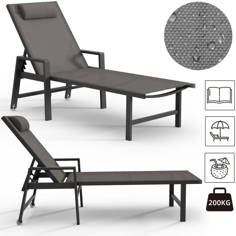 Mucola Sonnenliege Aluminium Gartenliege 200KG & Rollen wetterfest Relaxliege Anthrazit Teslin Klappliege Camping