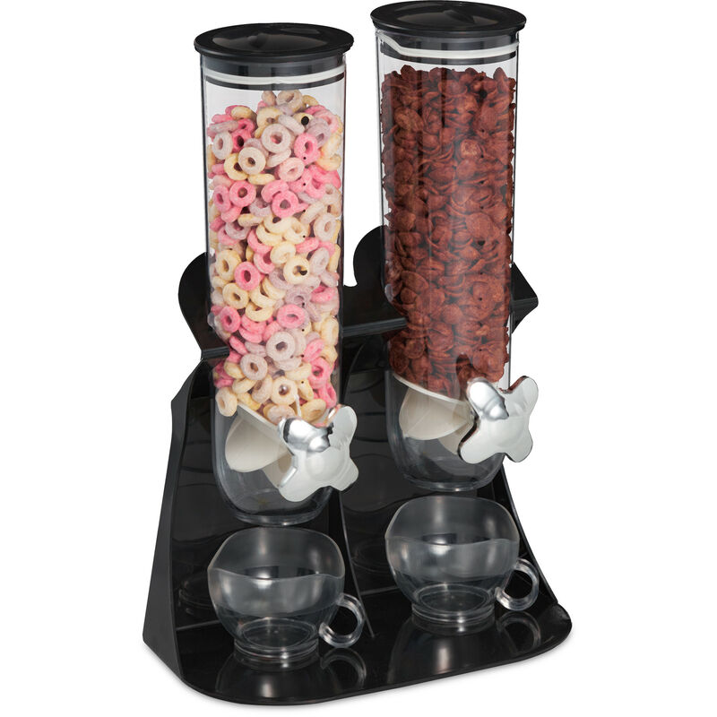 Relaxdays - Müslispender doppelt, Cerealienspender für Müsli, Cornflakes, Süßigkeiten, Snackspender Kunststoff, schwarz