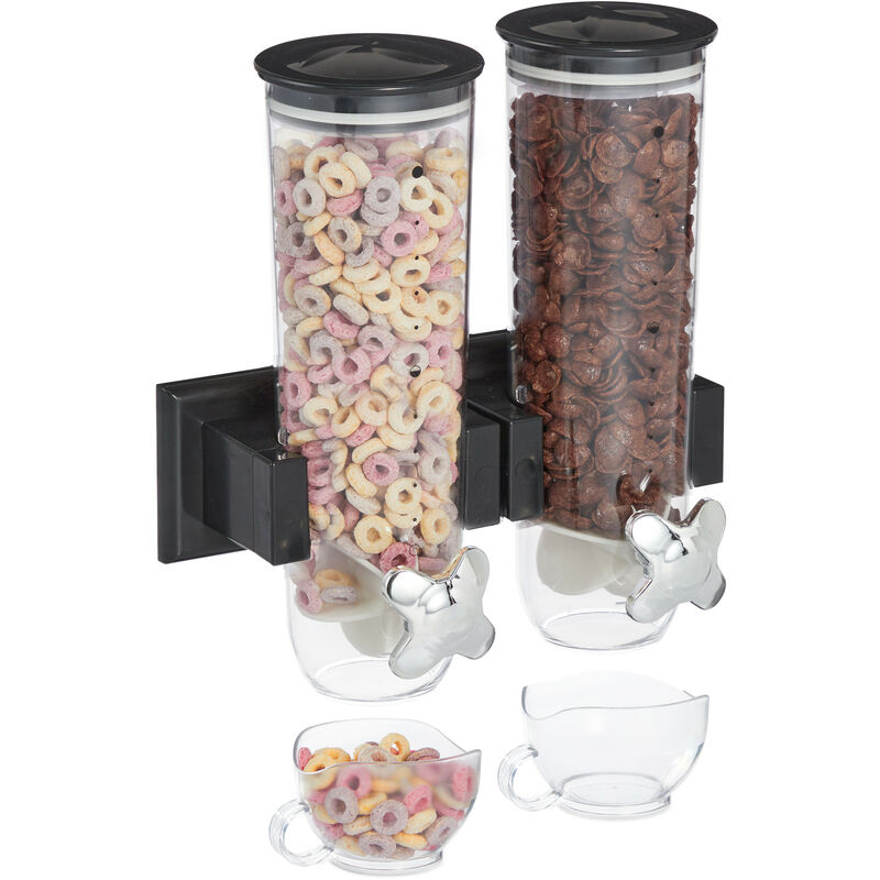 Relaxdays Müslispender doppelt, Wandmontage, für Müsli, Cornflakes, Süßigkeiten, Cerealienspender, Kunststoff, schwarz