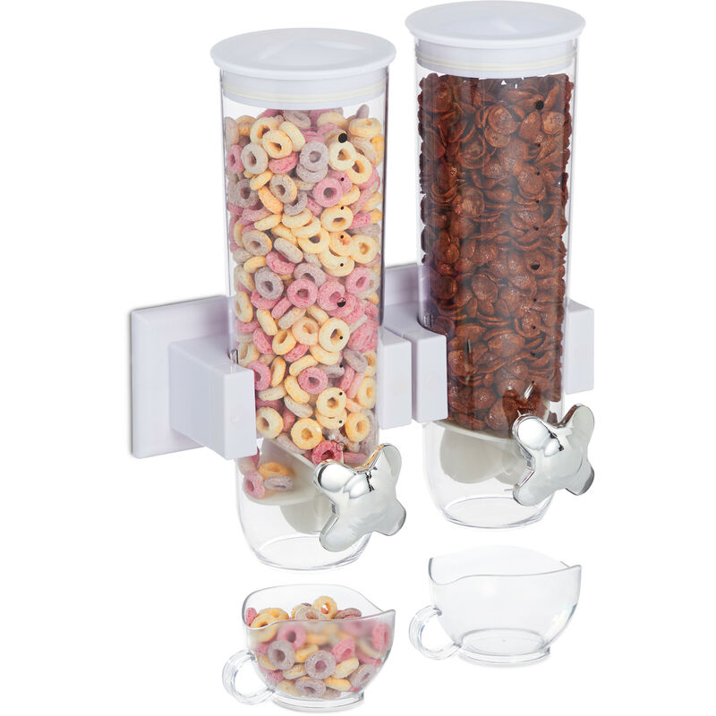 Müslispender doppelt, Wandmontage, für Müsli, Cornflakes, Süßigkeiten, Cerealienspender, Kunststoff, weiß - Relaxdays