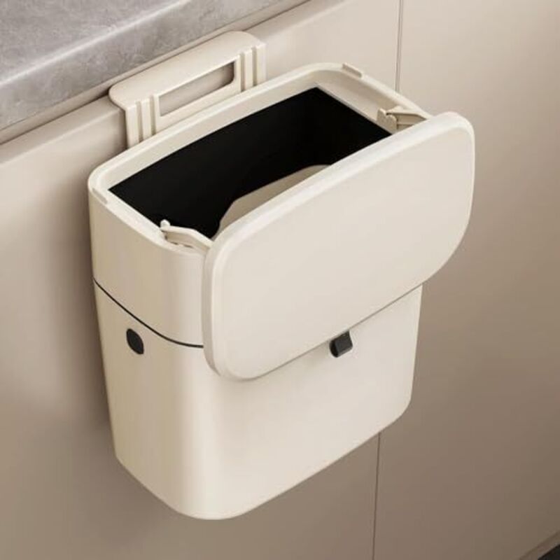 Mülleimer Hängend Küche, 7-Liter Abfalleimer Küche mit Deckel Küchenabfalleimer Wandmontage Klein Mülleimer Küchen mit Haken, Geruchsdicht (Weiß)