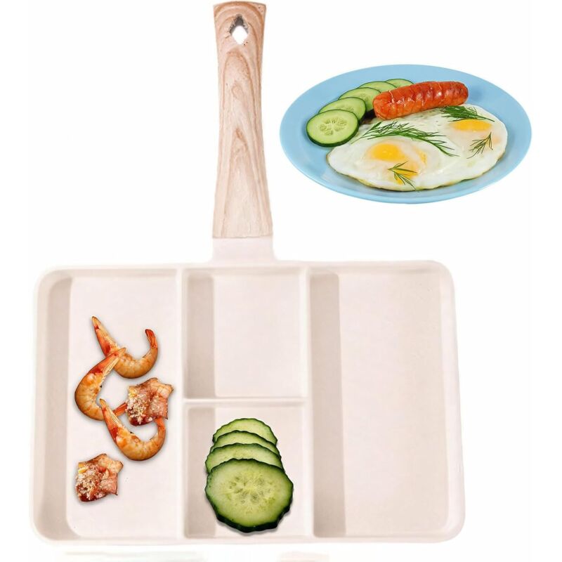 Multifunktionale Frühstückspfanne, 4-Fächer-Design und leicht zu reinigende Oberfläche, 27 x 35 cm Omelett-/Crêpe-Pfanne, Hängegriff zur