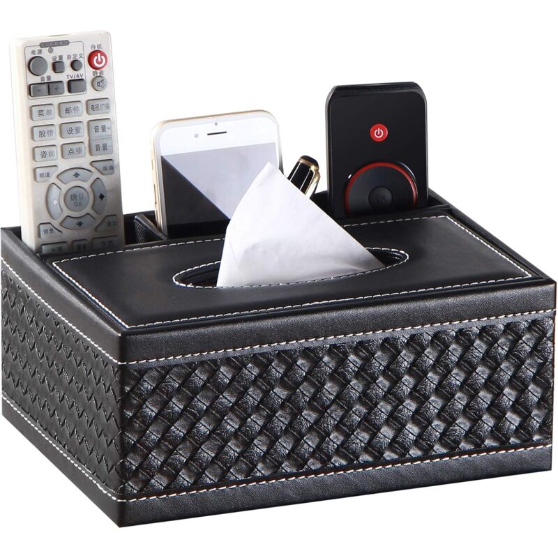 Alovez - Multifunktionale, rechteckige Taschentuchbox aus schwarzem Leder mit Fernbedienung und Schreibwaren