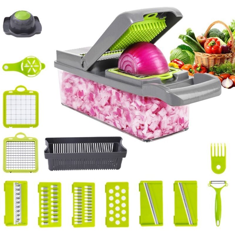 Multifunktionaler Gemüseschneider, 12 in 1 Küche, Manueller Gemüseschneider, Profi Küche, Gemüseschneider mit 7 verstellbaren Klingen,