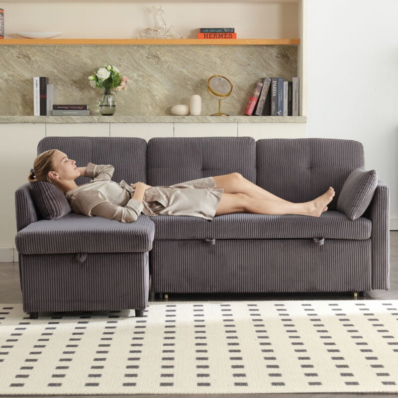 Multifunktionales Schlafsofa mit Stauraum und Ausziehbett, austauschbares Schlafsofa mit Chaiselongue, Anbausofa mit Stauraum, modulares L-förmiges