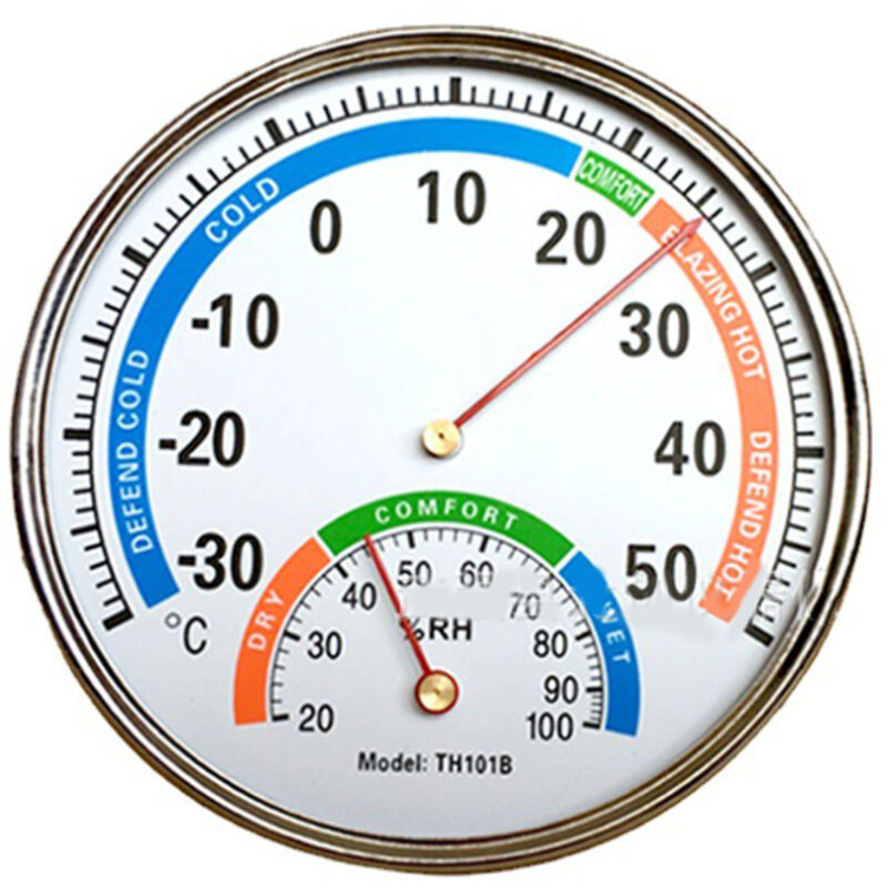 Multifunktionales Thermometer mit Zeiger und Hygrometer aus Metall für den Innenbereich, geeignet für Krankenhäuser, Apotheken und Babyzimmer.