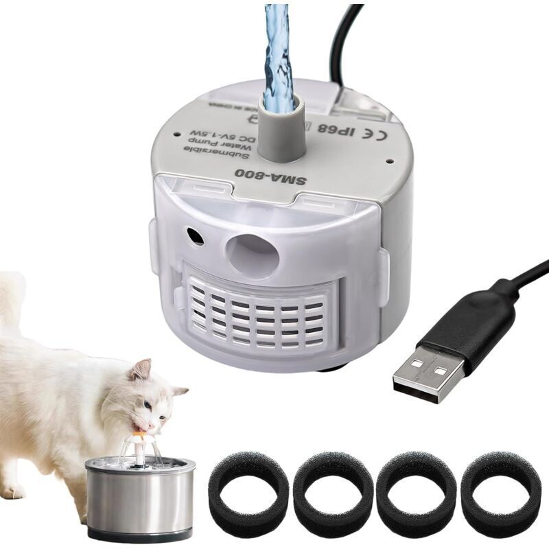 Mumu Ersatzpumpe für Katzenbrunnen, 2,5 l, Edelstahl, mit 4 Ersatzfilterelementen, dc 5 v, 1,5 w