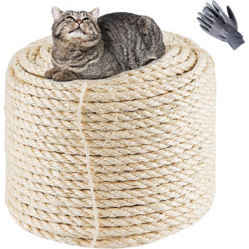 Aougo - Natürliches Sisalseil, 8 mm x 60 m, altnaturweißes Ersatzseil für Katzen mit einem Paar Schutzhandschuhen für Kratzbaum, Kratzbaum, Blume