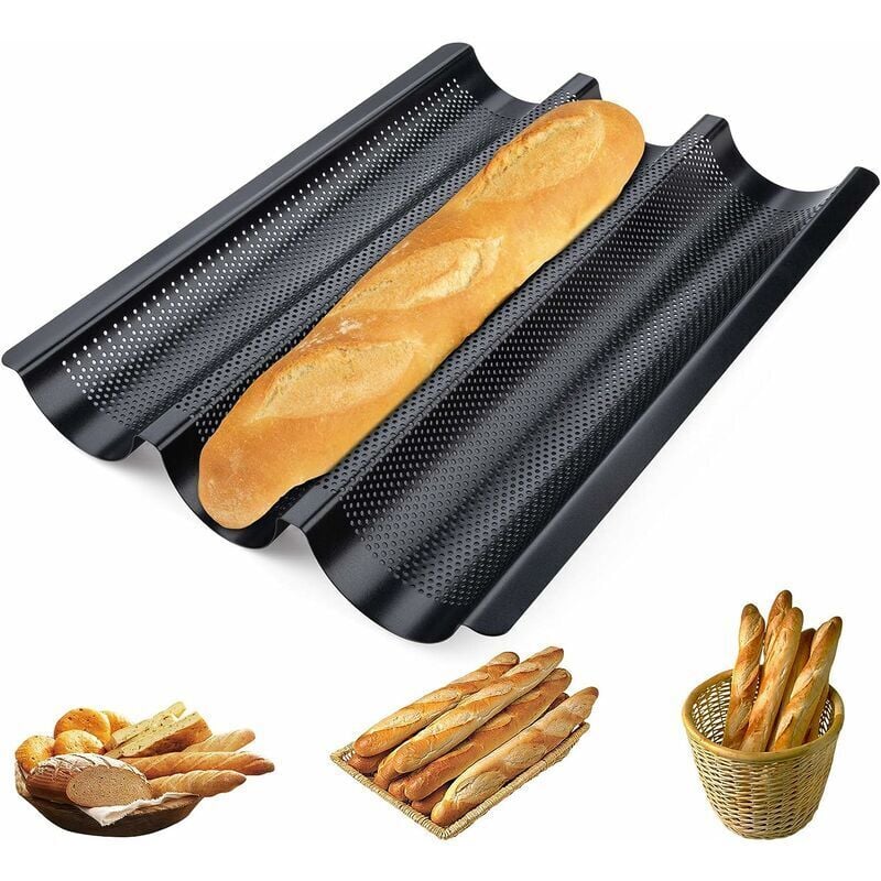 Nazalus-Schnäppchen-Baguette-Backform für 3 Baguettes, schwarzes französisches Brotstangen-Formtablett, antihaftbeschichtete Baguette-Pfannen,