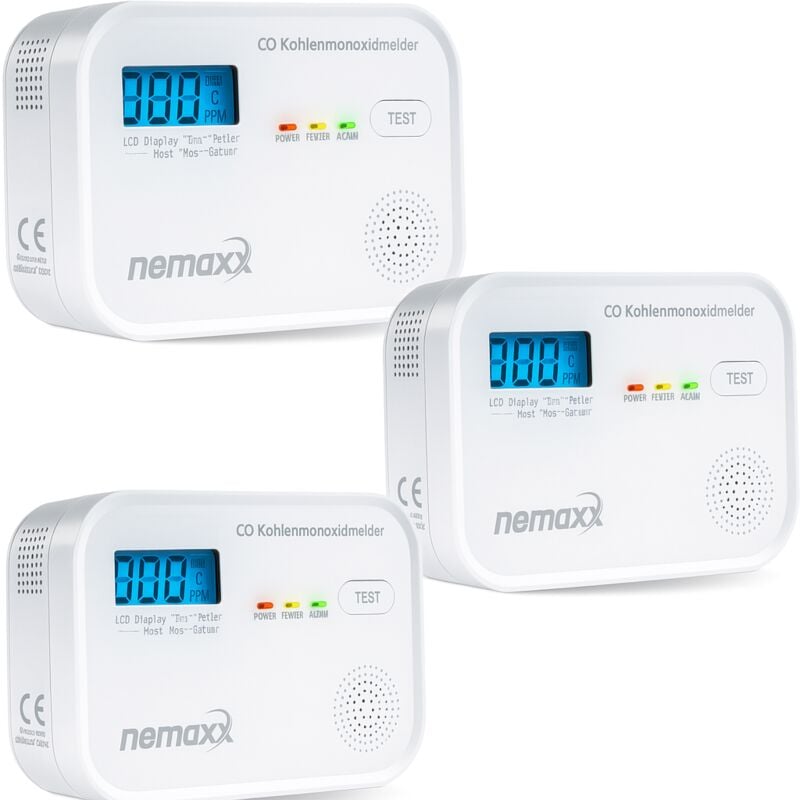 NEMAXX® 3-Pack CM18 Kohlenmonoxid-Melder – 10 Jahre Lebensdauer, 85 dB Alarm, EN 50291-1:2018 geprüft, elektrochemischer Sensor, batteriebetrieben,
