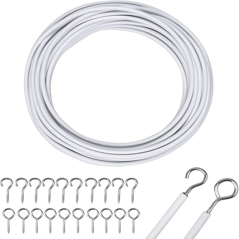 Gardinennetz, 10 m, weiß, Gardinendraht, Gardinendraht mit Gardinenhaken und Ösen, Gardinenschnur für Gardinenstange, zum Aufhängen von Gardinen,