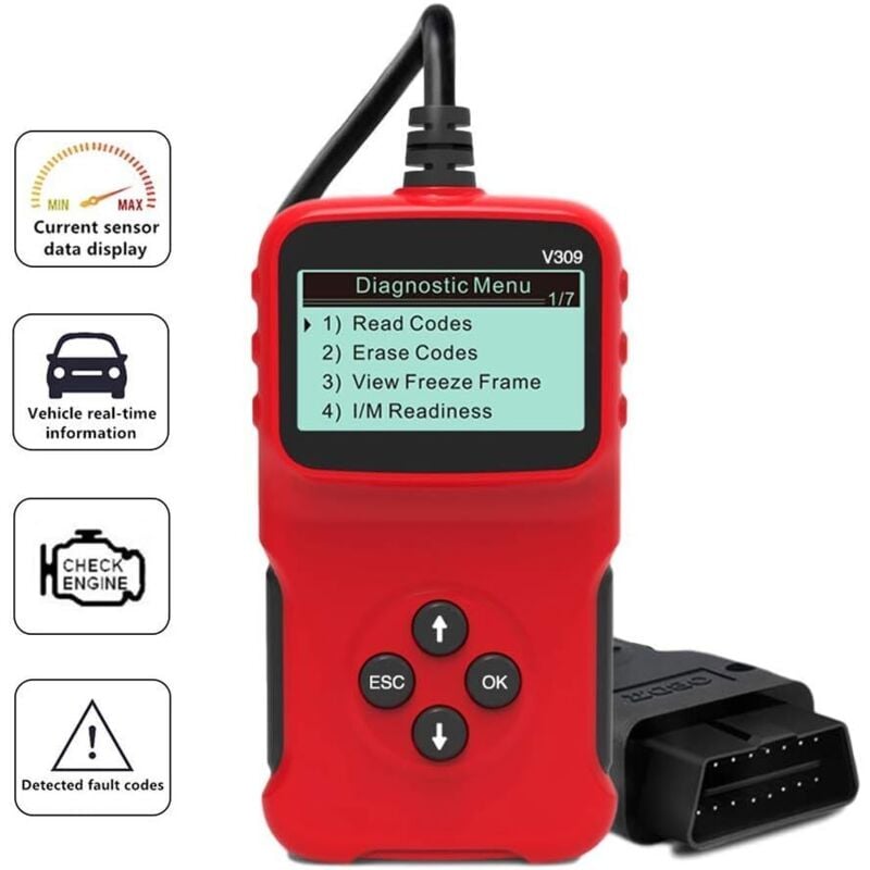 OBD2 Diagnosegerät Scanner, Universal Auto Diagnosegerät Fehlercode Leser Adapter V309 für alle OBDII Protokolle, Check Engine Light, I/M