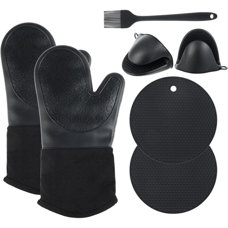 Ofenhandschuhe, Topflappen, 6er-Set Silikon-Küchenhandschuhe, hitzebeständig bis 230 °C – perfekt zum Grillen, Backen und für den Backofen (Schwarz)