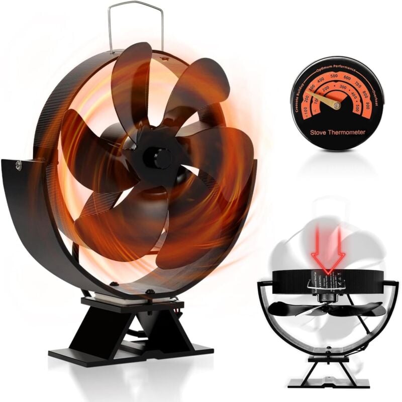 Ofenventilator mit 6 Flügeln, leiser Betrieb, mit Thermometer, wärmebetriebener Kaminventilator für Holzöfen, Kamine, Pelletöfen, einstellbarer Winkel