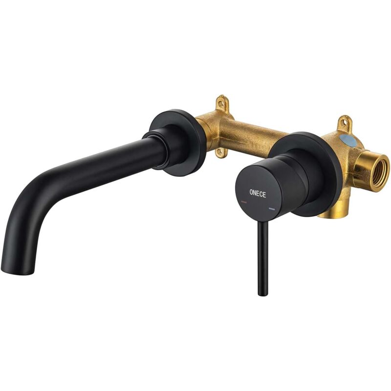 Onece - Wandmontage Wasserhahn Bad Schwarz, Unterputz Waschtischarmatur Wand Mischbatterie, Wandarmatur Bad aus Messing, Badarmatur Schwarz
