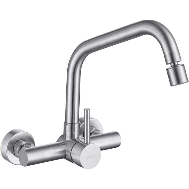 Wandmontage Wasserhahn Küche mit 2 Strahlarten, Küchenarmatur Wand Mischbatterie mit 360° drehbar, Wandarmatur Küche Spültischarmatur aus Edelstahl