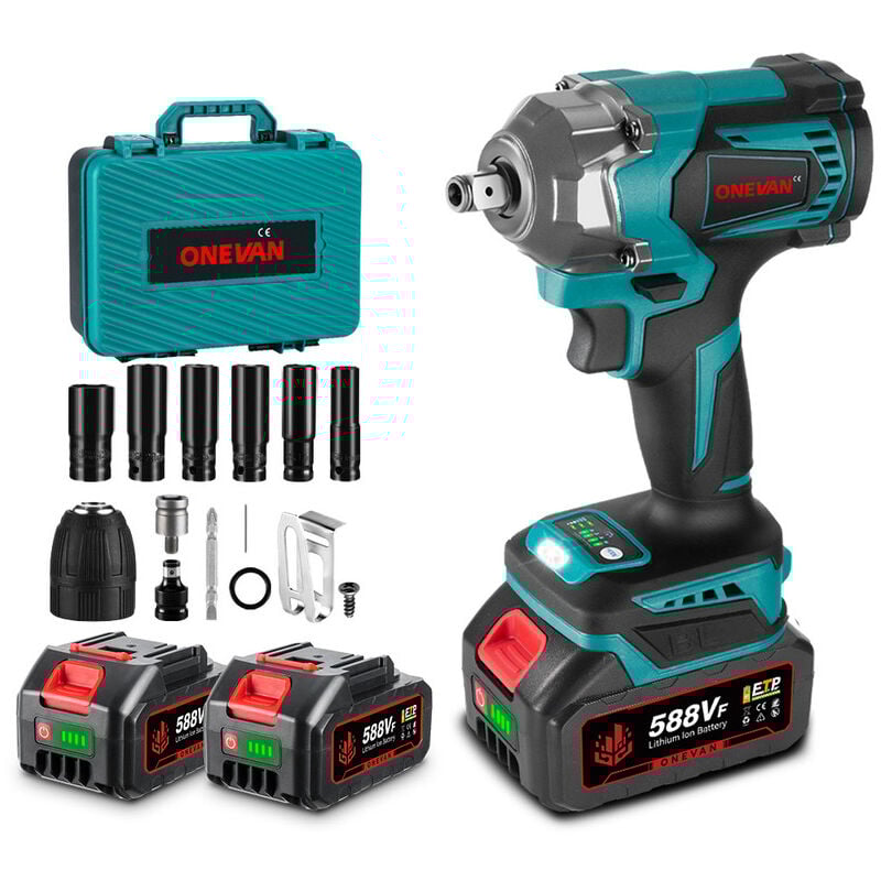 Onevan - 700 n.m Schlagschrauber, 3 Funktionen, 1/2 Zoll Akkuschrauber mit 2 Batterie +12 Zubehör