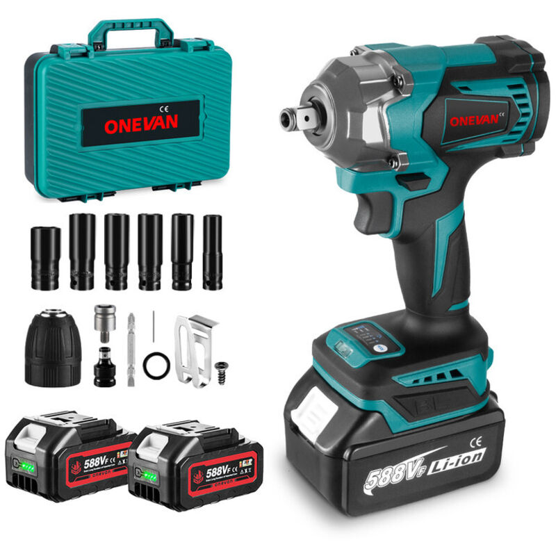 Onevan - 700 n.m bürstenloser elektrischer Schlagschrauber, 3 Funktionen, 1/2 Zoll Akkuschrauber, mit 2 Batterie + Werkzeugkasten+12 Zubehör