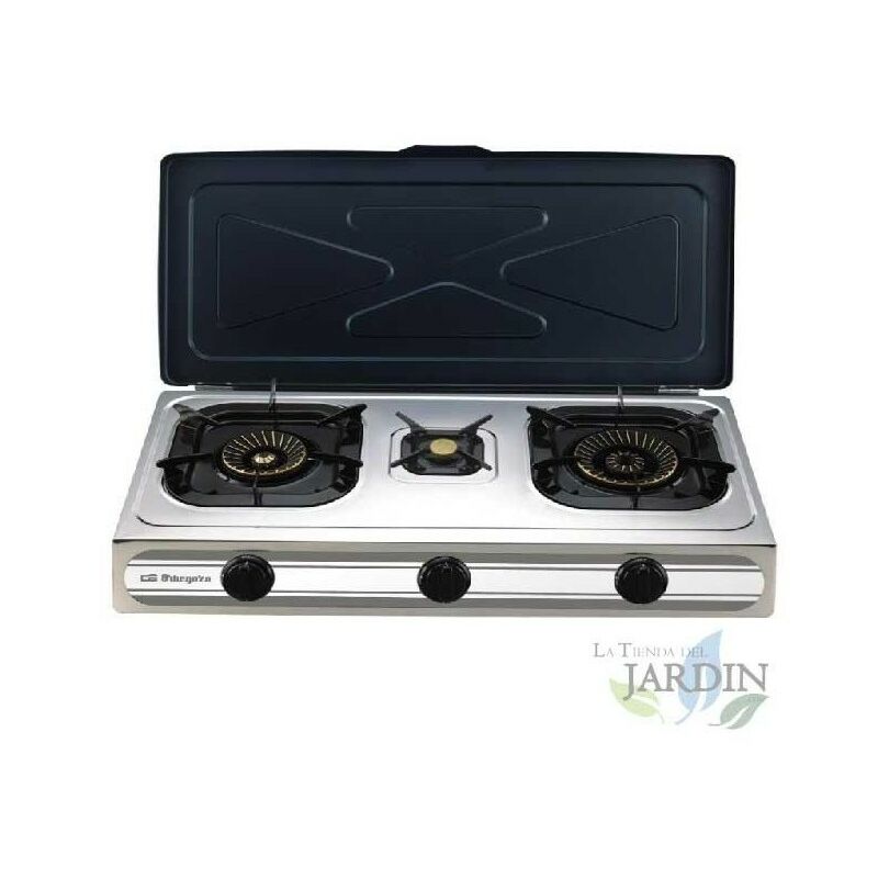 Gaskocher aus Edelstahl, Butan- oder Propangas, piezoelektrische Zündung, zwei Brenner mit dreifacher Krone und ein kleiner Bren