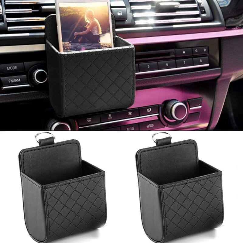 Leder-Organizer für die Lüftungsöffnung im Auto, PU mit Haken, universelle Auto-Aufbewahrungstasche zur Aufbewahrung von Stiften, Handys und