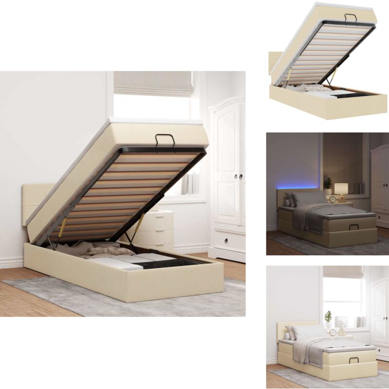 Ottoman-Bett mit Matratze & LEDs Creme 100x200 cm Stoff - Ottoman-Bett - Ottoman-Betten - Bett Mit Stauraum - Polsterbett