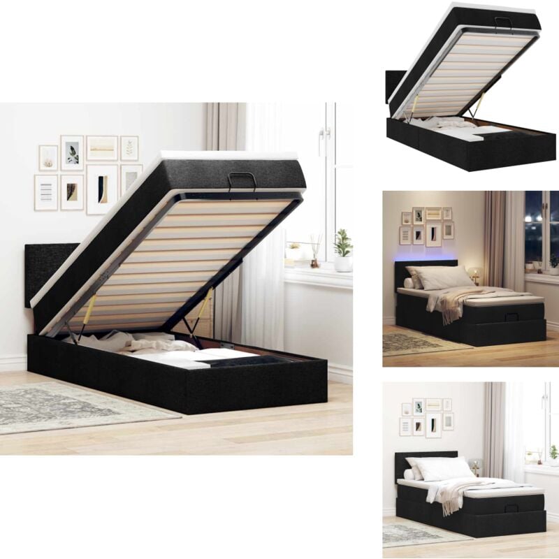 Ottoman-Bett mit Matratze & LEDs Schwarz 90x200 cm Stoff - Ottoman-Bett - Ottoman-Betten - Bett Mit Stauraum - Polsterbett