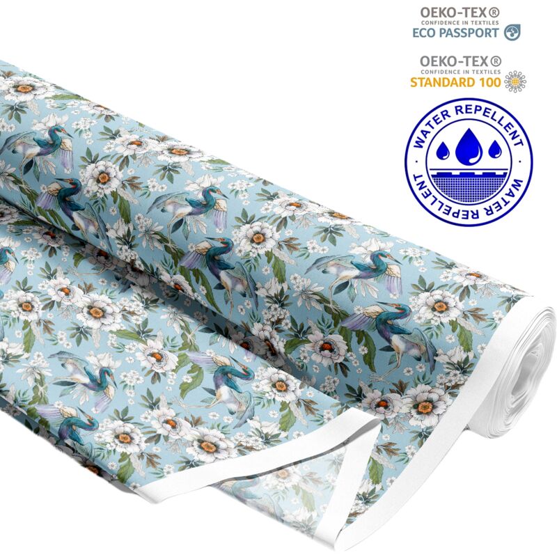 OUTDOOR DEKOSTOFFE OXFORD - Motiv Reiher mit weißen Blüten I DR194