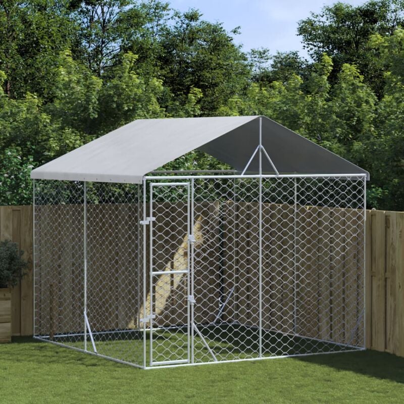 vidaXL Outdoor-Hundezwinger mit Dach Silbern 3x3x2,5m Verzinkter Stahl