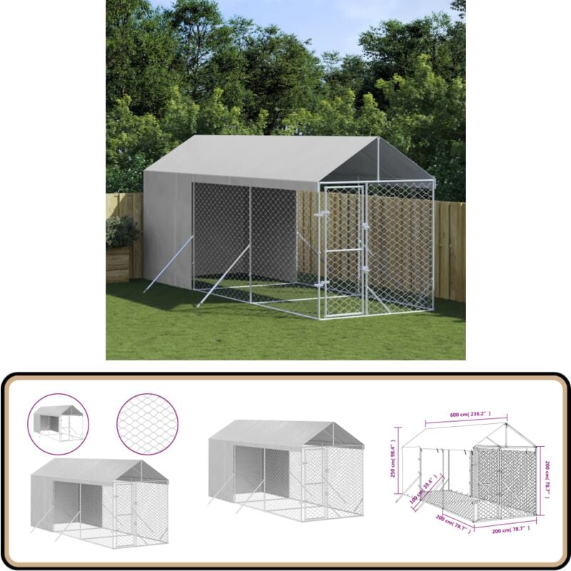 Outdoor-Hundezwinger mit Dach Silbern 2x6x2,5m Verzinkter Stahl - Hundezwinger - Metallhundesitter - Außenhundezwinger - Gartenhaus Für Tiere