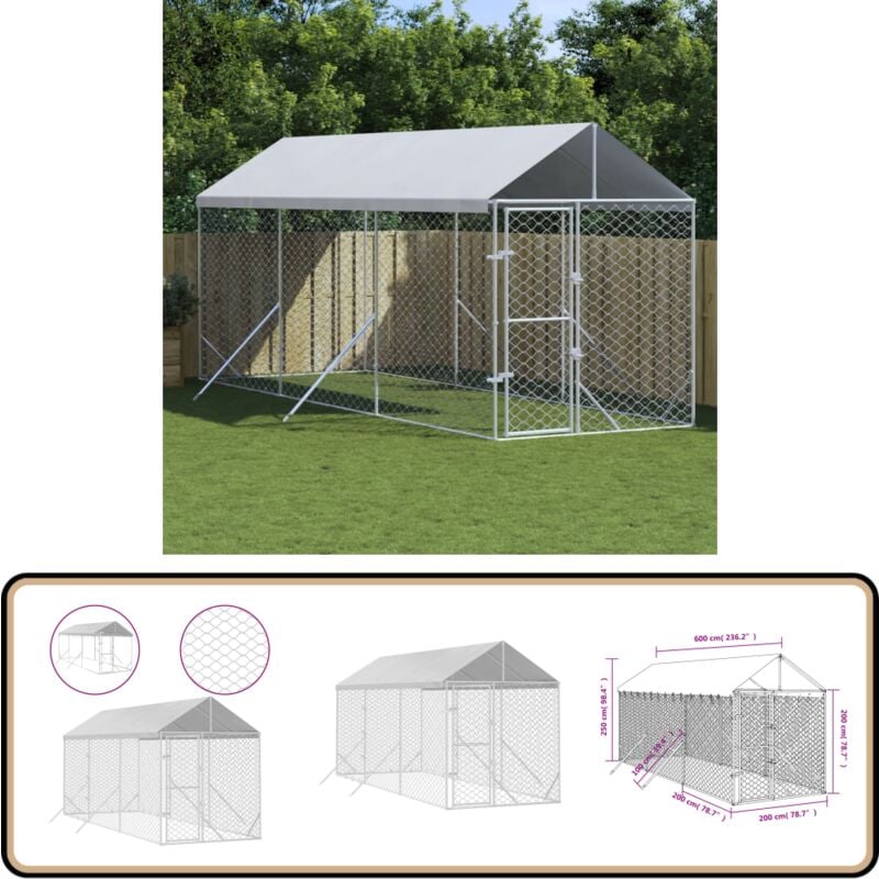 Outdoor-Hundezwinger mit Dach Silbern 2x6x2,5m Verzinkter Stahl - Hundezwinger - Metallzwinger - Außenhundezwinger - Tierstall - Hundehaus