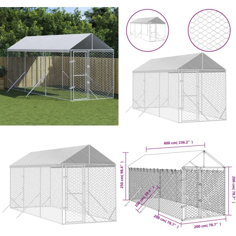 Outdoor-Hundezwinger mit Dach Silbern 2x6x2,5m Verzinkter Stahl - Hundezwinger - Metallzwinger - Außenhundezwinger - Tierstall - Hundehaus - Home &