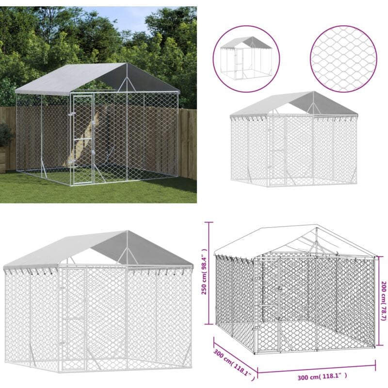 Outdoor-Hundezwinger mit Dach Silbern 3x3x2,5m Verzinkter Stahl - Hundezwinger - Metallzwinger - Gartenhaus Für Tiere - Tierstall - Hundehütte - Home
