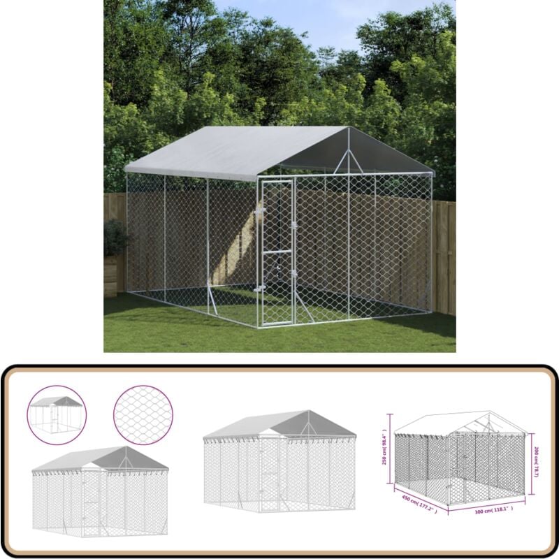 Outdoor-Hundezwinger mit Dach Silbern 3x4,5x2,5m Stahl Verzinkt - Hundezwinger - Metallzwinger - Gartenhaus Für Tiere - Tierstall - Hundehütte