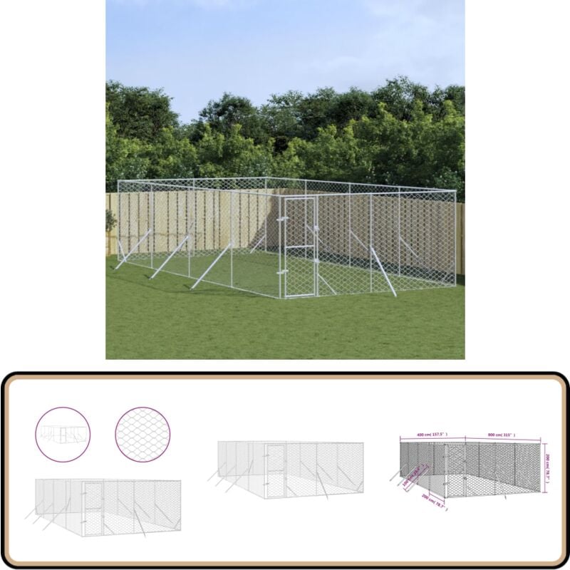 Outdoor-Hundezwinger Silbern 4x8x2 m Verzinkter Stahl - Hundezwinger - Metallzwinger - Gartenhaus Für Hunde - Tierstall - Hundevoliere