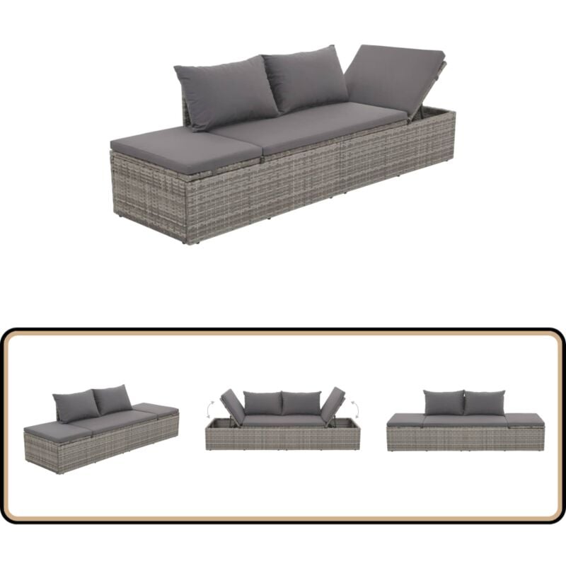 Outdoor-Lounge-Bett mit Polster & Kissen Poly Rattan Grau - Sonnenbank - Gartenloungebett - Loungeset - Rattan Möbel - Gartenmöbel