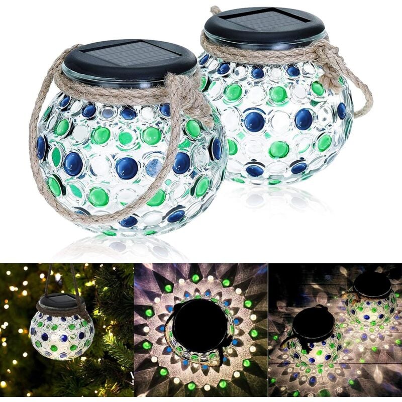 Lanterne Solaire Extérieur, 2 Pièces Lampe Solaire en Verre LED Boule Lumières Solaire en Pot Mason IP44 Etanche Lampe de Jardin Lampe Suspendue Pot