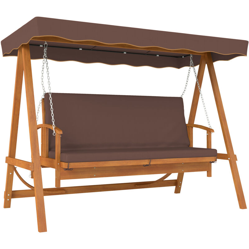 Outsunny 2 in 1 Hollywoodschaukel mit Liegefunktion, 3-Sitzer Gartenschaukel aus Holz, Holzschaukel mit Sonnendach Sitzauflage, Schaukelbank bis