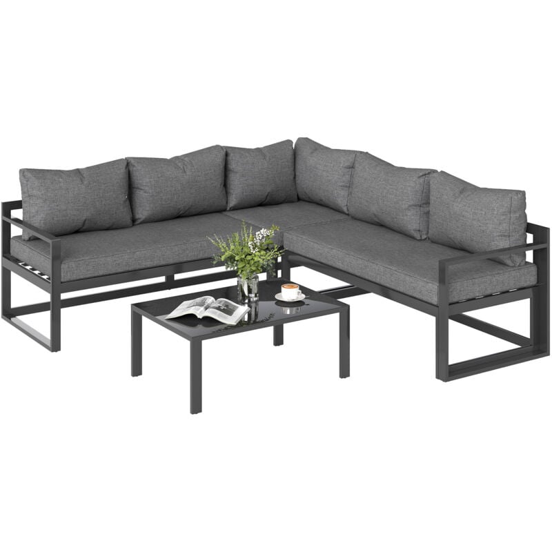3-tlg. Gartengarnitur Gartenmöbel-Set mit Breitem Sitz, 4-stufig verstellbar Gartenliege Gartenset Sitzgruppe mit Beistelltisch Sofa mit Kissen