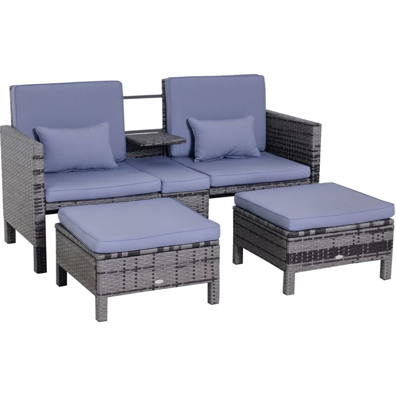 3-tlg. Gartensofa Gartenmöbel Lounge Gartenset Sitzgruppe Rattenmöbel Grau Polyrattan + Metall 2er-Sofa 2 x Hocker Kissen - Outsunny